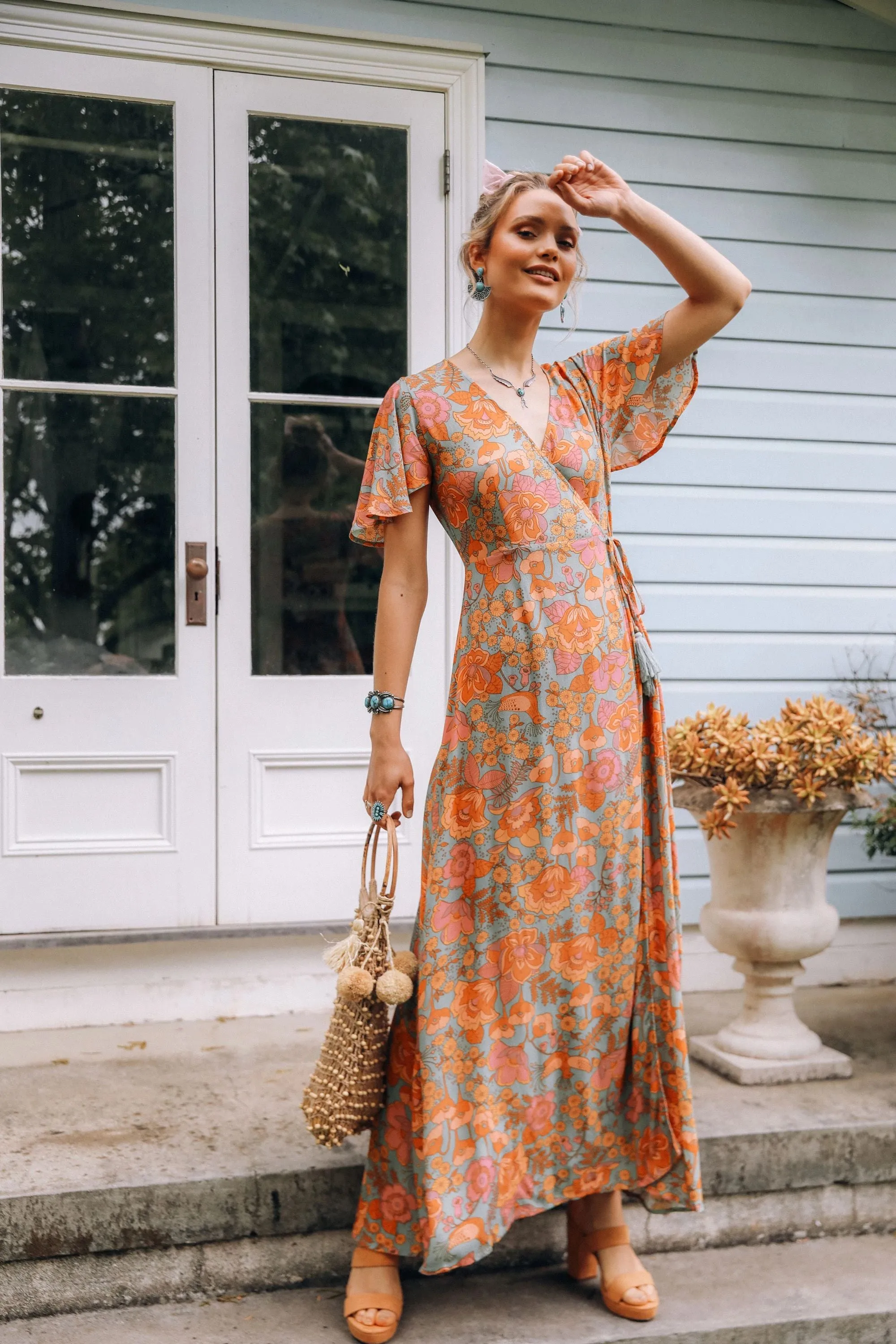 Boho Maxi Dress, Sundress, De Rosa Vintage Orange