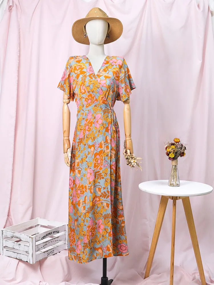Boho Maxi Dress, Sundress, De Rosa Vintage Orange