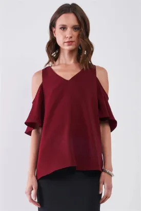 Burgundy V-Neck Cold Shoulder Detail Short Sleeve Relaxed Top /2-1-1-2