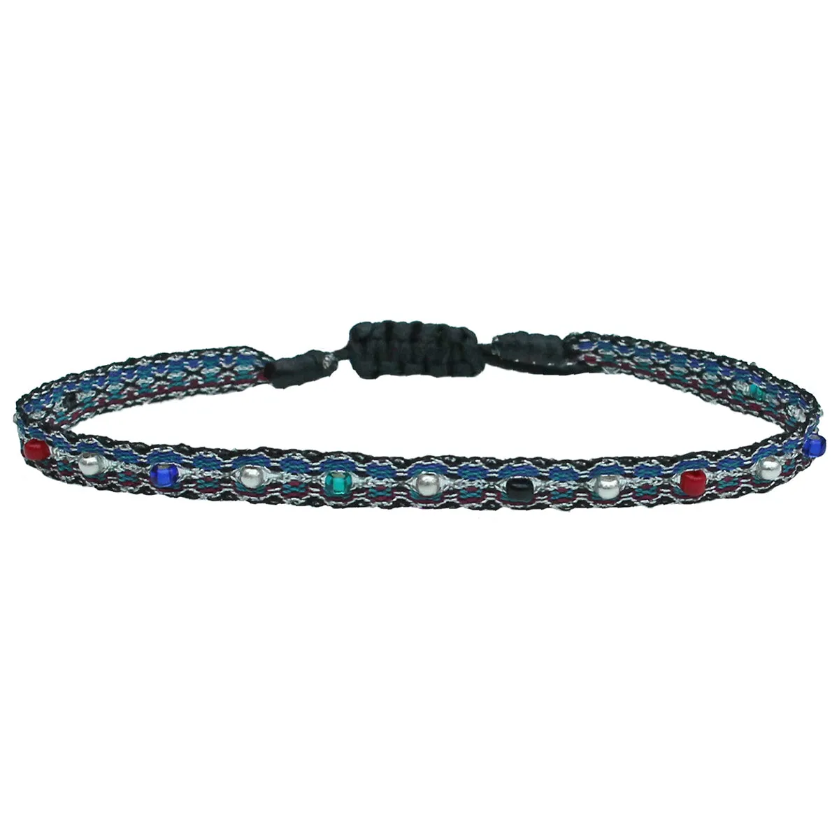 COLOURFUL HANDWOVEN BRACELET IN DARK TONES AND SILVER DETAILS