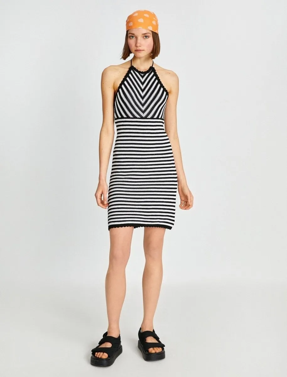 Crochet High Neck Mini Dress in Black Stripe
