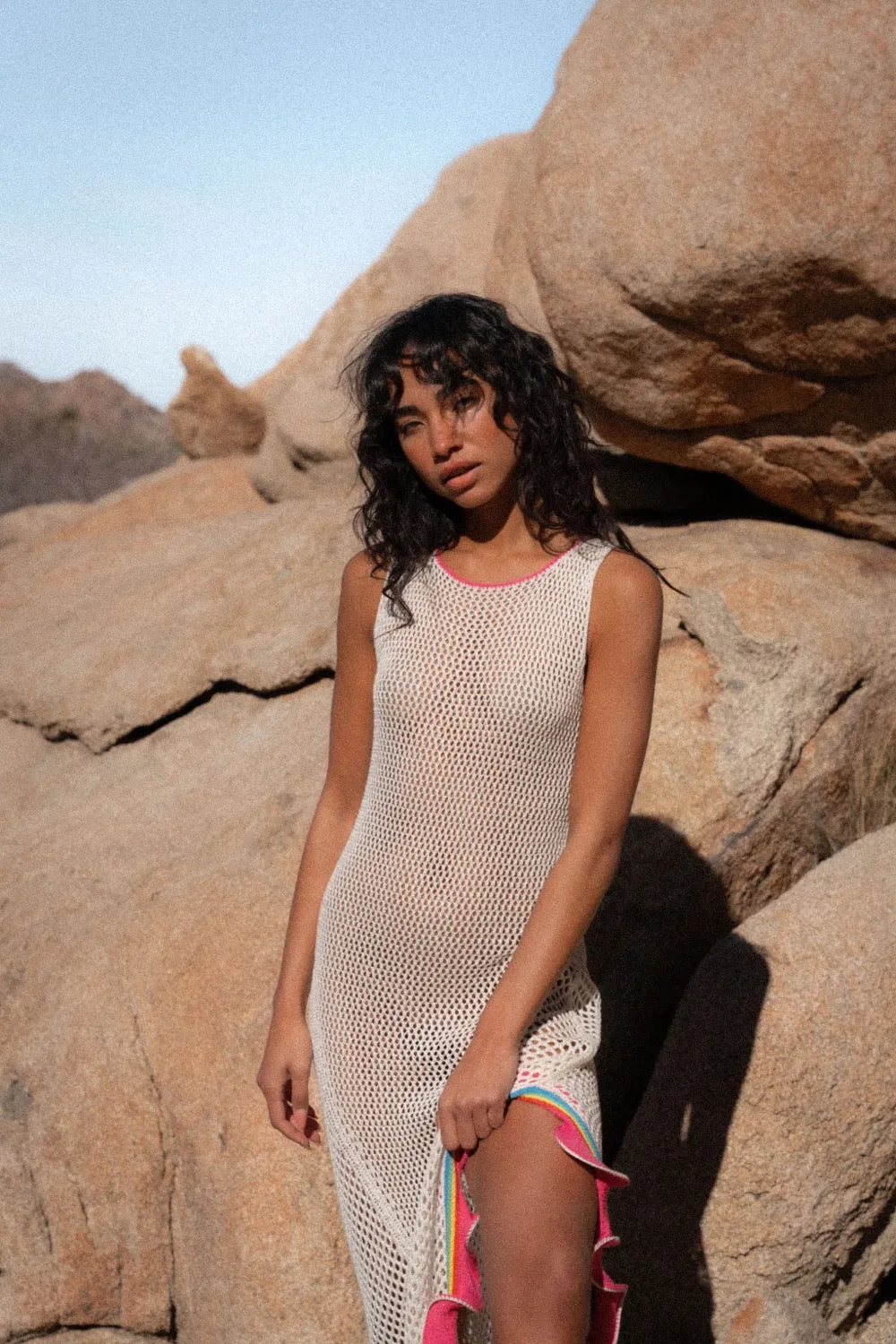Crochet Ruffle Slit Dress