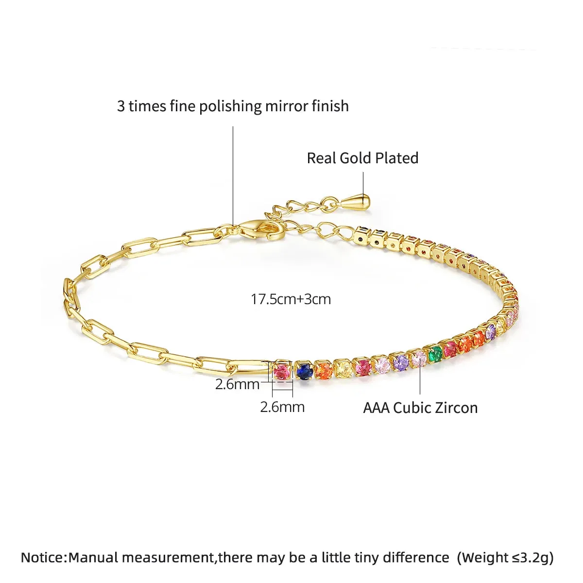 Cubic Zirconia Rainbow Tennis Chain Bracelet