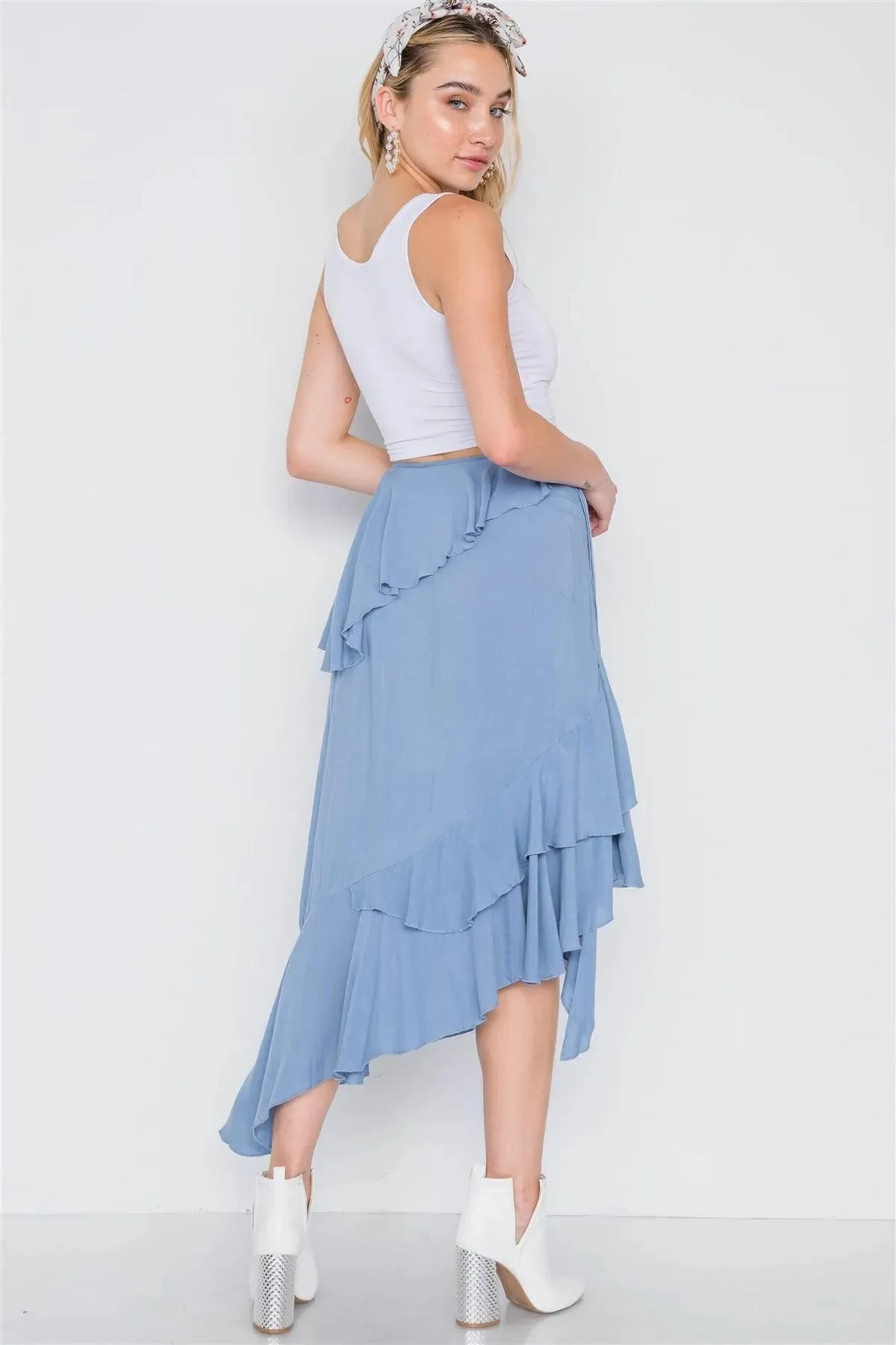 Denim Blue High-Waist Asymmetrical Flounce Midi Skirt /3-2-1