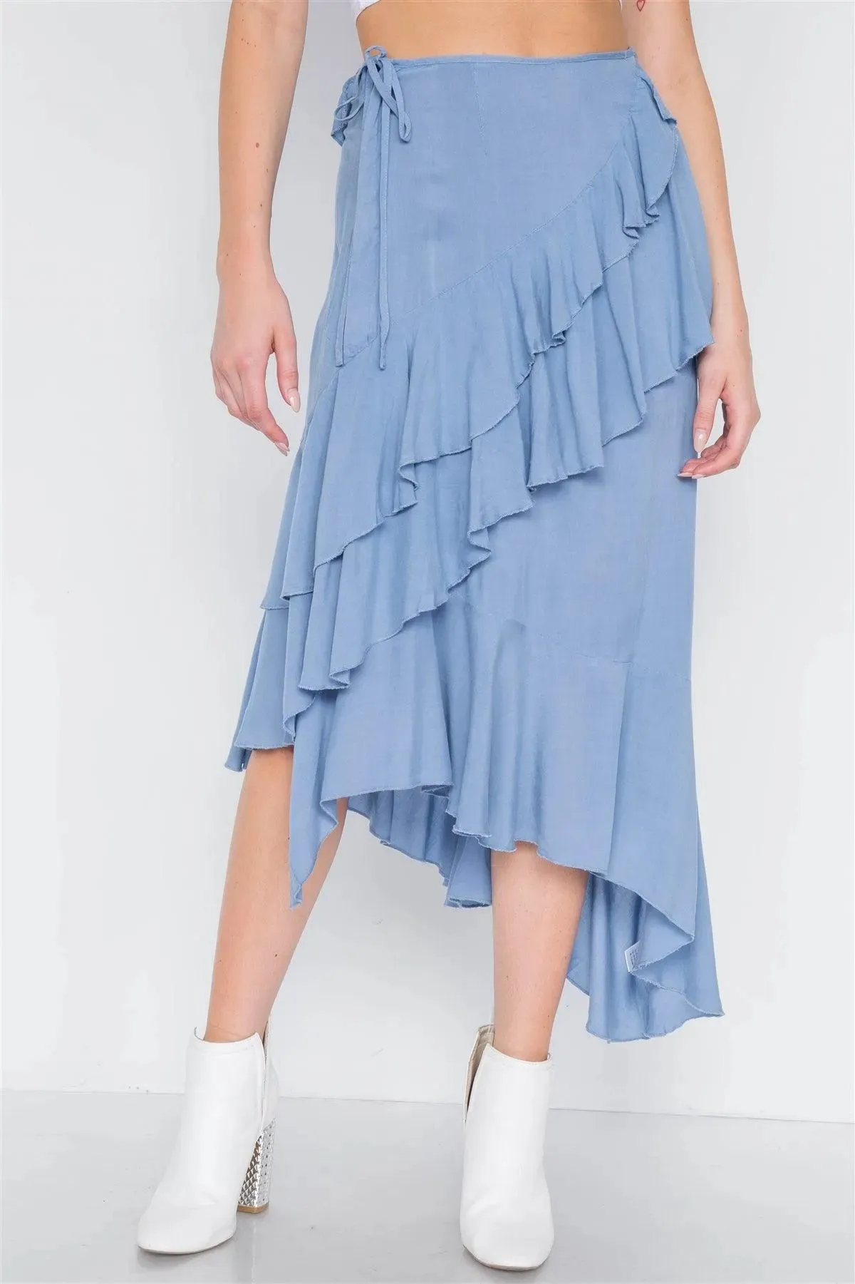 Denim Blue High-Waist Asymmetrical Flounce Midi Skirt /3-2-1
