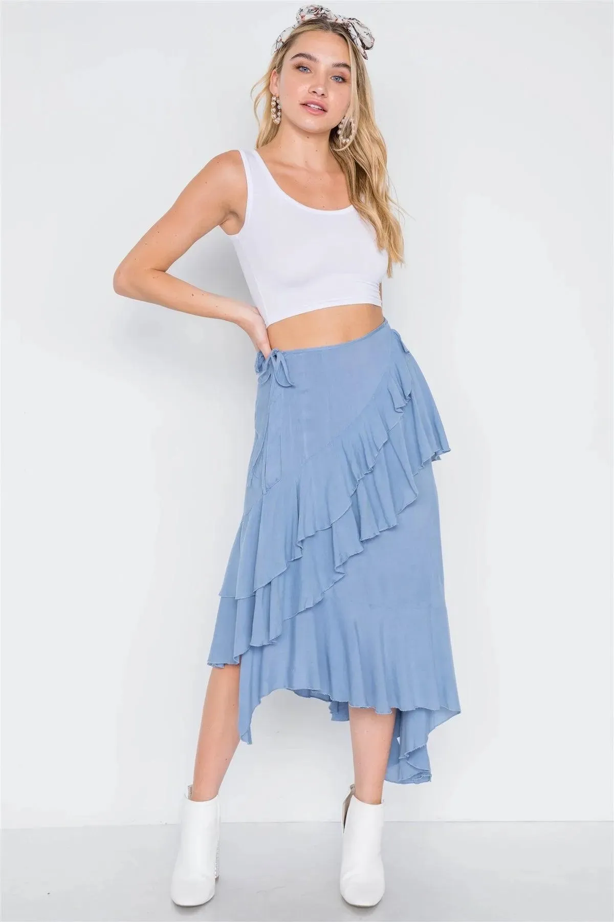 Denim Blue High-Waist Asymmetrical Flounce Midi Skirt /3-2-1