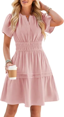 Duigluw Dresses for Women 2025 Casual Summer Short Sleeve V Neck Beach Mini A-Line Ruffle Flowy Dress