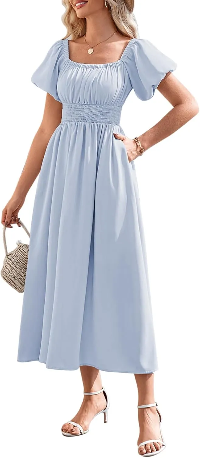 Duigluw Women's Casual Summer Midi Dresses 2025 Puffy Short Sleeve U Neck Boho Floral Flowy Maxi Dress
