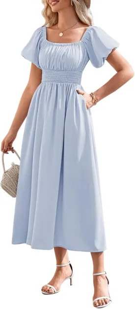 Duigluw Women's Casual Summer Midi Dresses 2025 Puffy Short Sleeve U Neck Boho Floral Flowy Maxi Dress