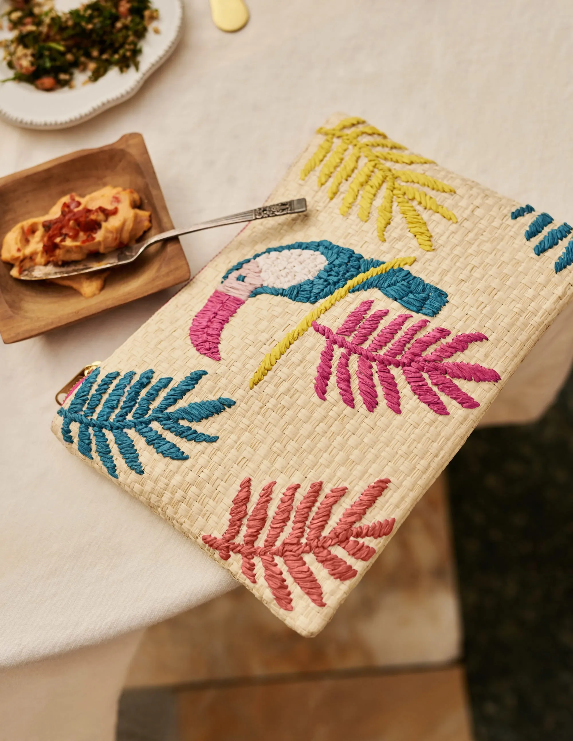 Embroidered Raffia Keepsake-Natural Toucan