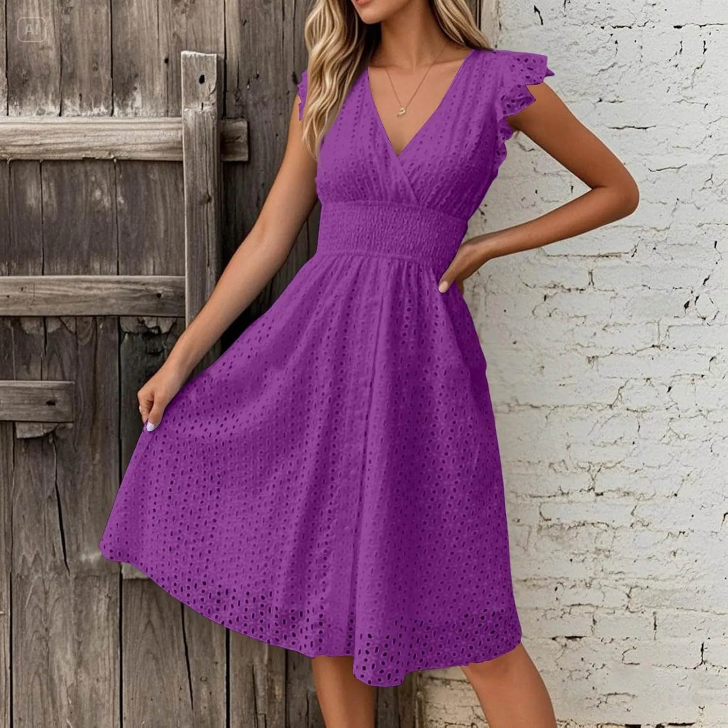Eyelet Dresses for Women 2025 V Neck Ruffle Sleeve Casual Summer Dress Flowy Smocked Empire Waist A Line Midi Dress