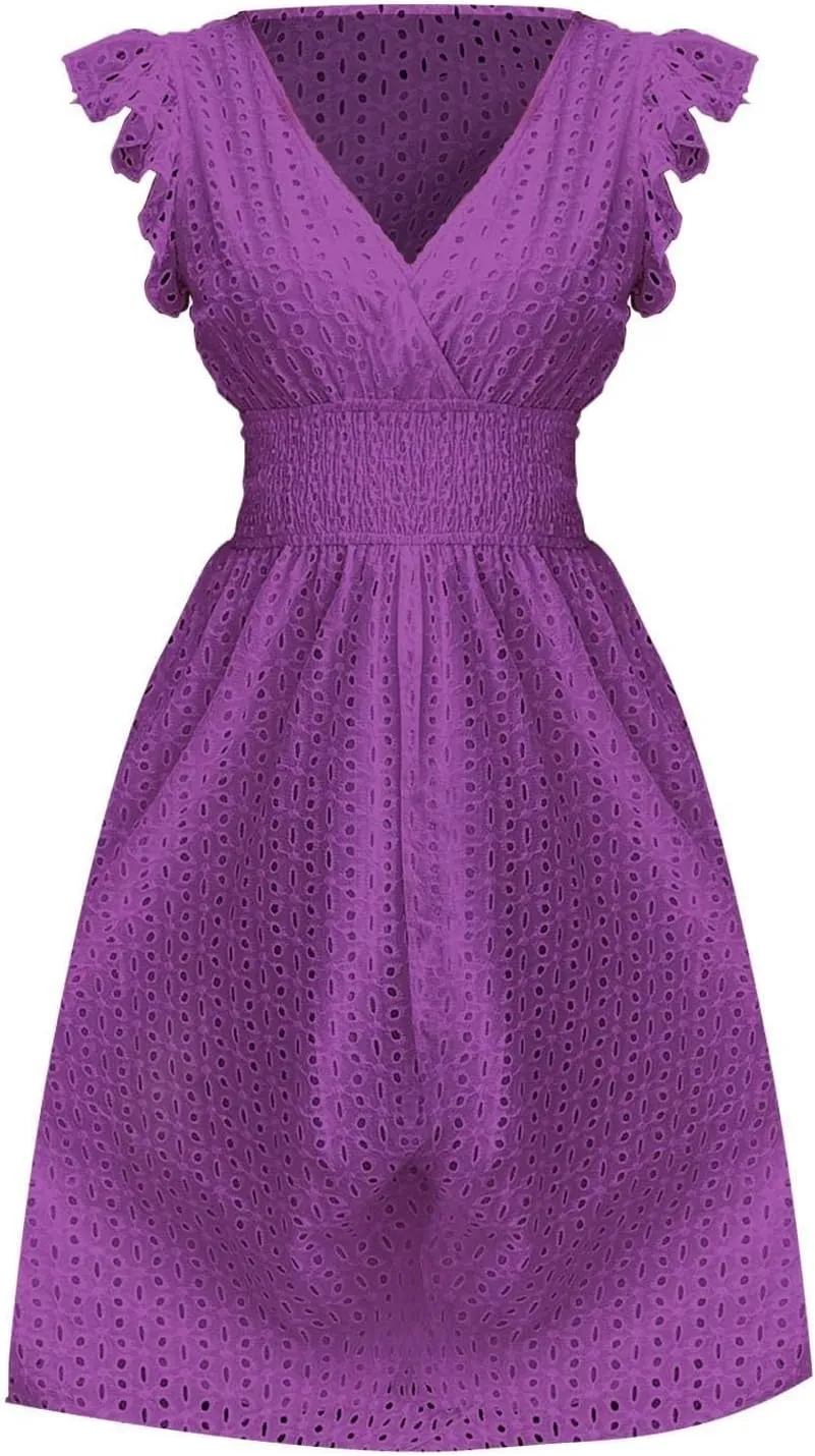 Eyelet Dresses for Women 2025 V Neck Ruffle Sleeve Casual Summer Dress Flowy Smocked Empire Waist A Line Midi Dress