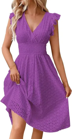 Eyelet Dresses for Women 2025 V Neck Ruffle Sleeve Casual Summer Dress Flowy Smocked Empire Waist A Line Midi Dress