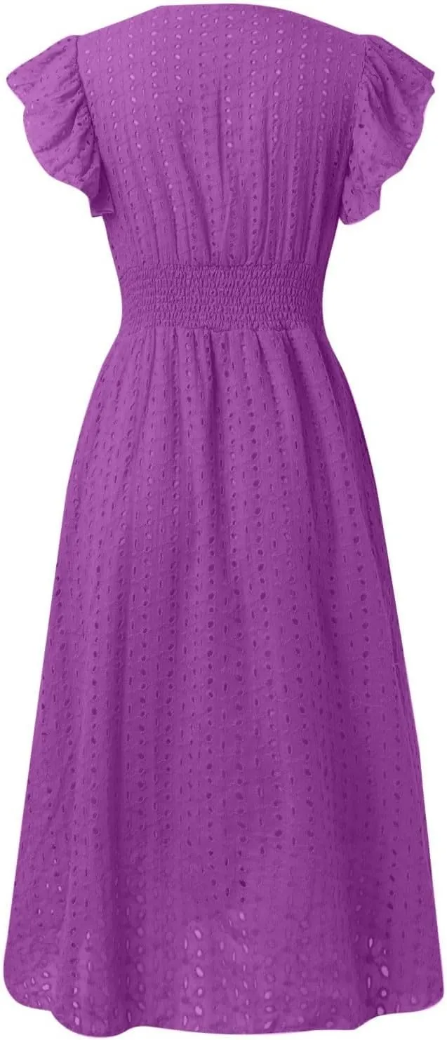 Eyelet Dresses for Women 2025 V Neck Ruffle Sleeve Casual Summer Dress Flowy Smocked Empire Waist A Line Midi Dress