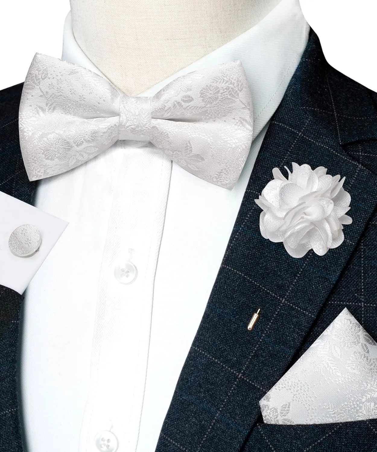 Floral Pre-tied Bow Tie and Pocket Square Cufflinks Lapel Pin Sets for Men 4PCS
