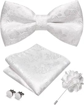 Floral Pre-tied Bow Tie and Pocket Square Cufflinks Lapel Pin Sets for Men 4PCS