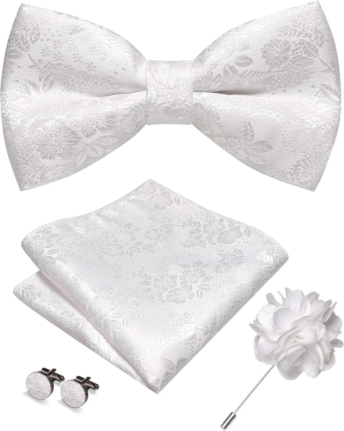 Floral Pre-tied Bow Tie and Pocket Square Cufflinks Lapel Pin Sets for Men 4PCS