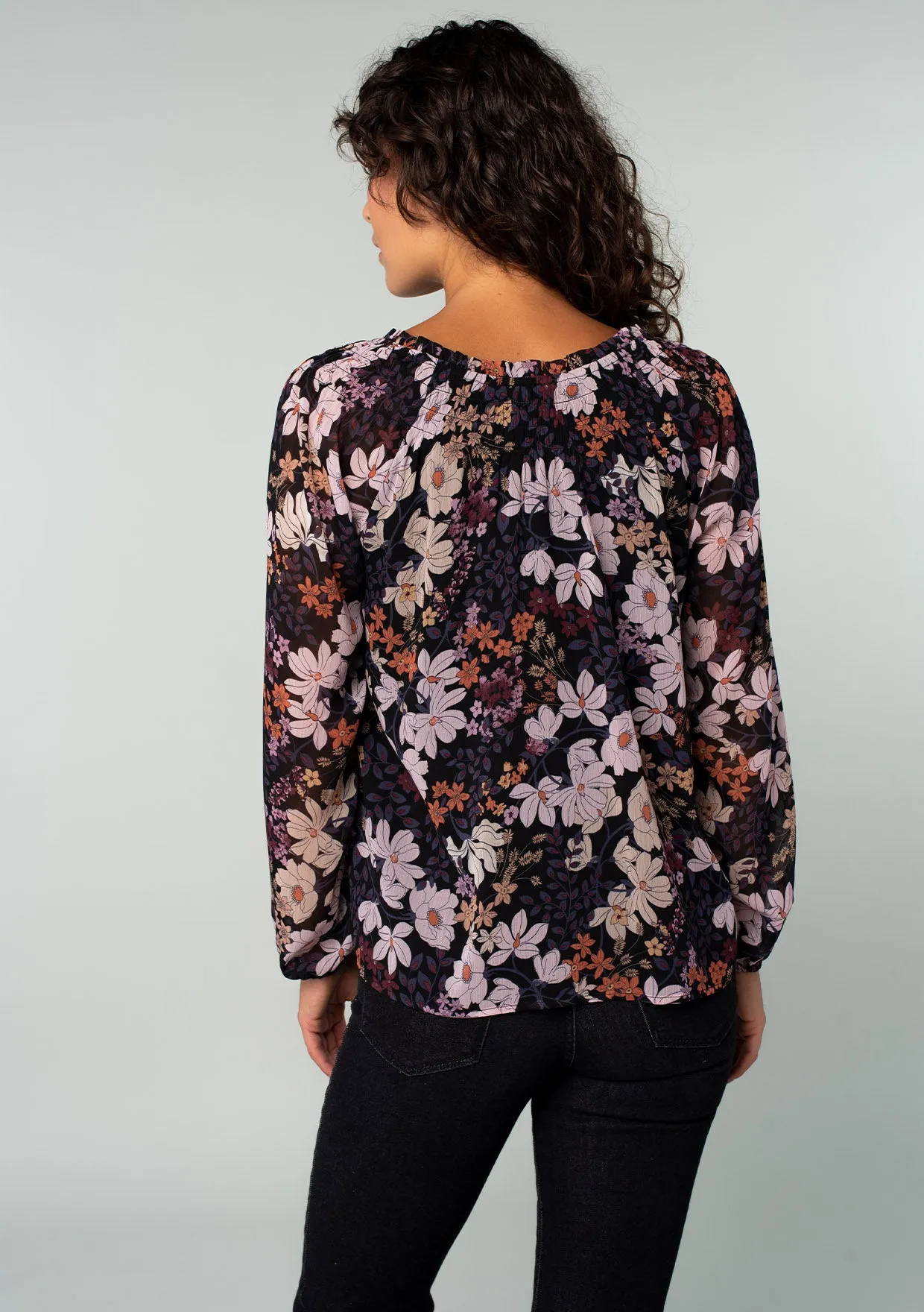Floral Sheer Long Sleeve Smocked Blouse