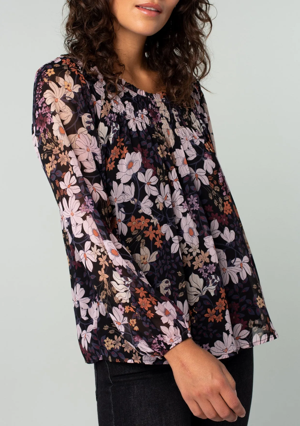 Floral Sheer Long Sleeve Smocked Blouse