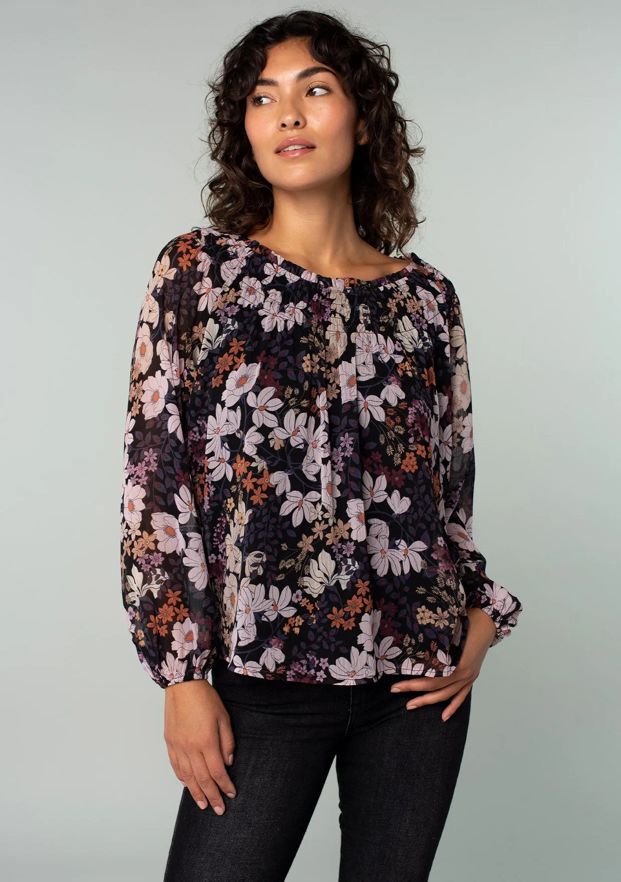 Floral Sheer Long Sleeve Smocked Blouse