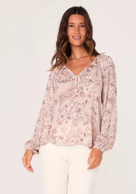 Floral Tassel Tie Neck Long Sleeve Blouse