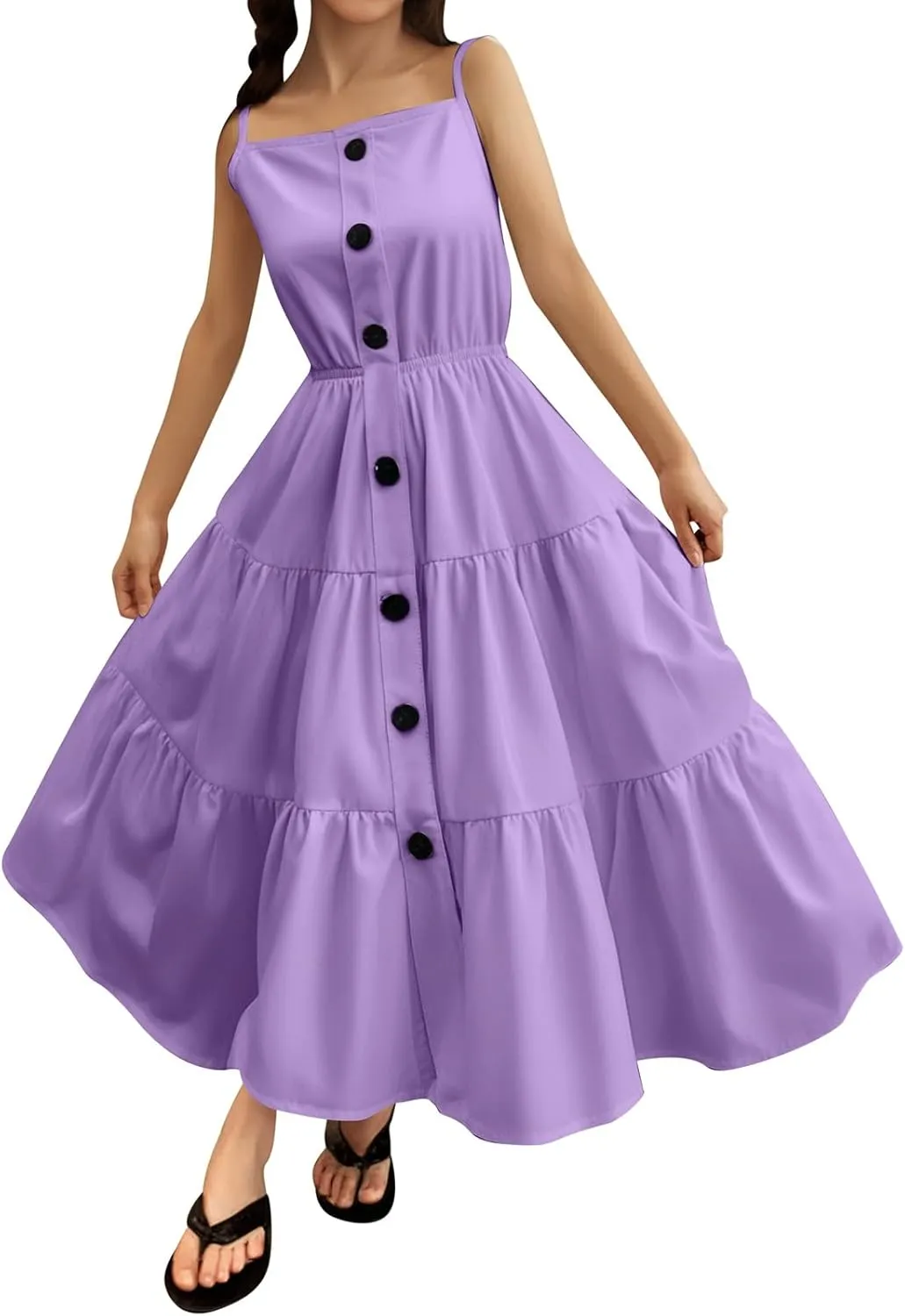 Flowy Dresses for Girls Tiered Swing Shoulder Strap Sun Dress with Twirl Skirt for Kids Aged 6-14 Years