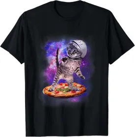 Funny Cat Flying A Pizza Astronaut Kitten Space T-Shirt