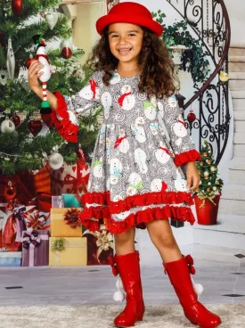 Girls Winter Themed 2-Tiered Crochet Long Flared Sleeve Swirl Snowman Print Dress