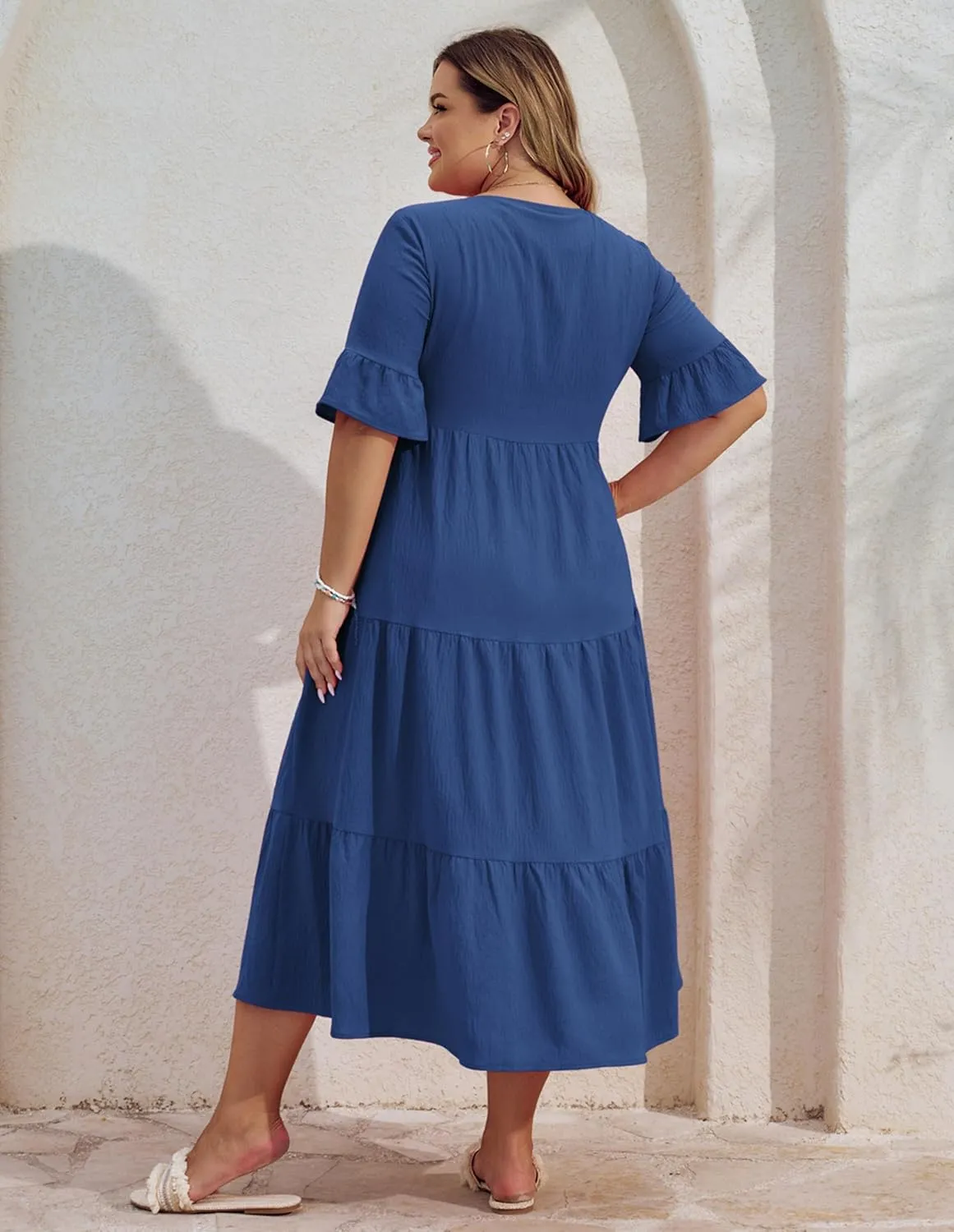 Hanna Nikole Women‘s Plus Size Smocked Maxi Dress Flowy A-Line Casual Summer Dress with Pockets