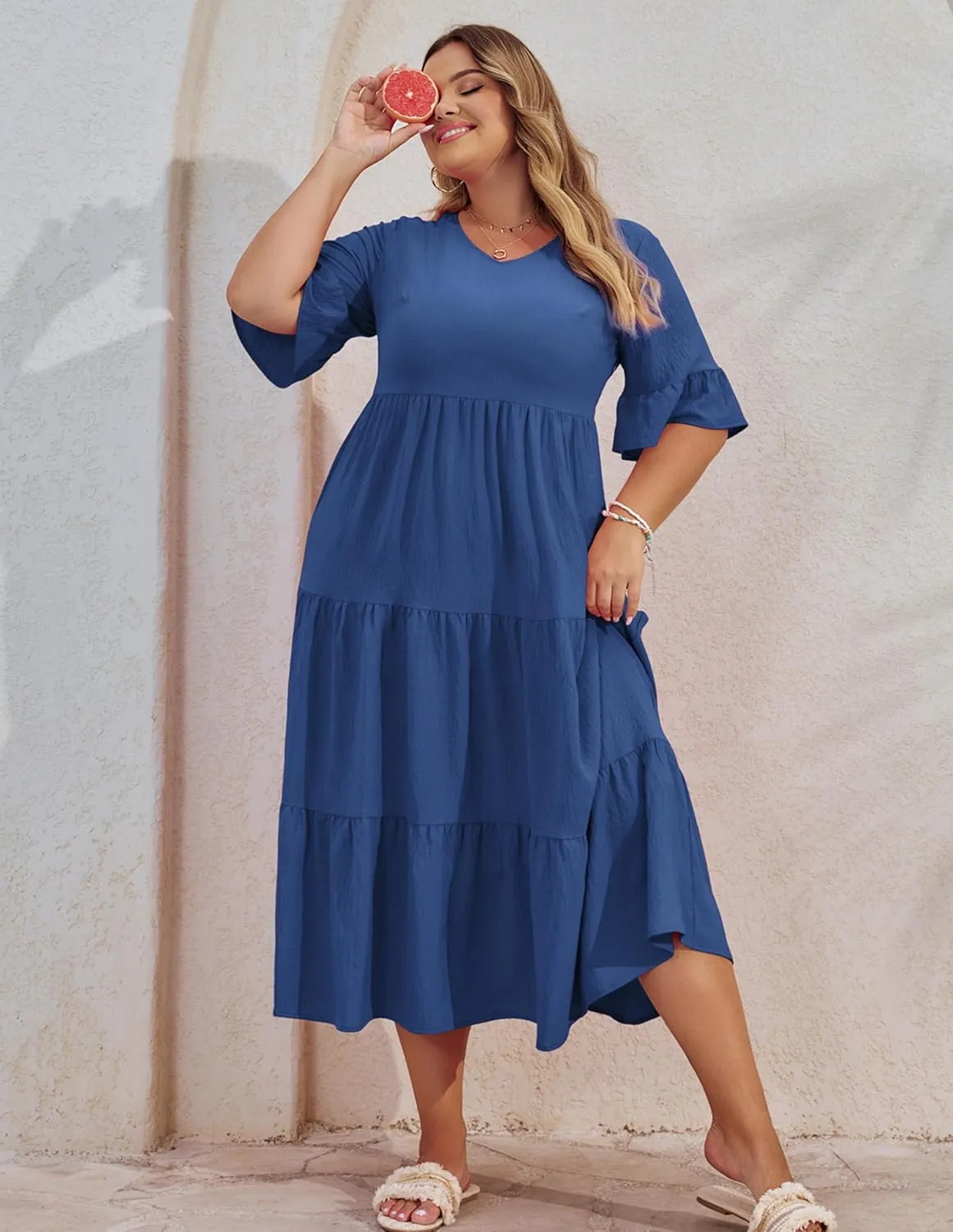 Hanna Nikole Women‘s Plus Size Smocked Maxi Dress Flowy A-Line Casual Summer Dress with Pockets