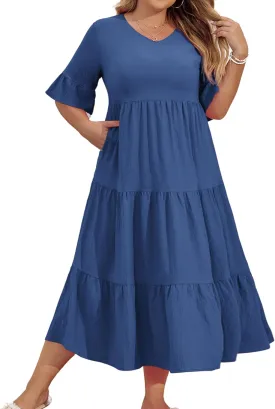 Hanna Nikole Women‘s Plus Size Smocked Maxi Dress Flowy A-Line Casual Summer Dress with Pockets