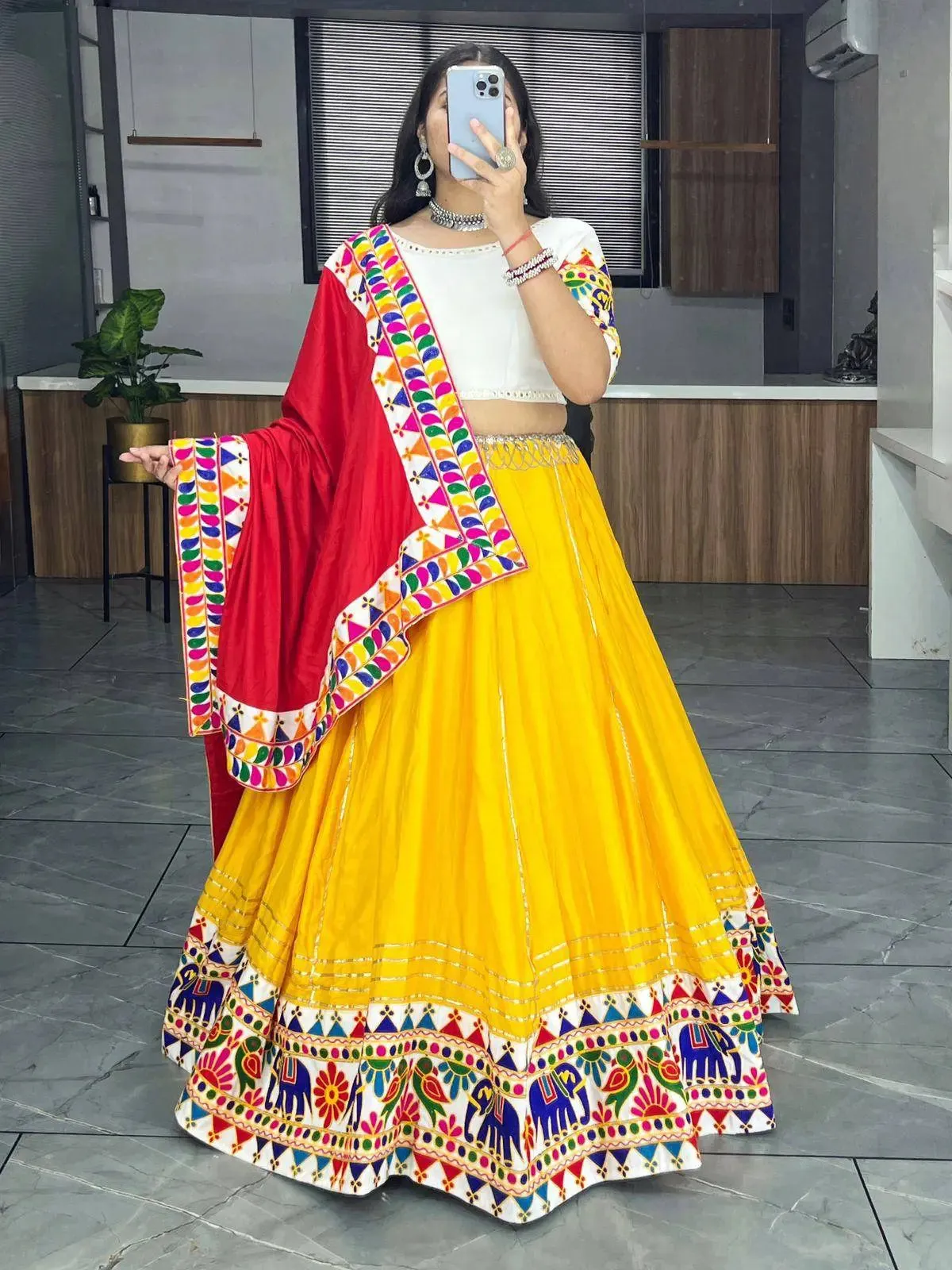 Heavy Gamthi Work and Gota Patti Border Ethnic Lehenga Set