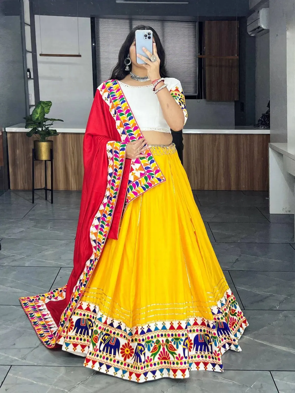 Heavy Gamthi Work and Gota Patti Border Ethnic Lehenga Set