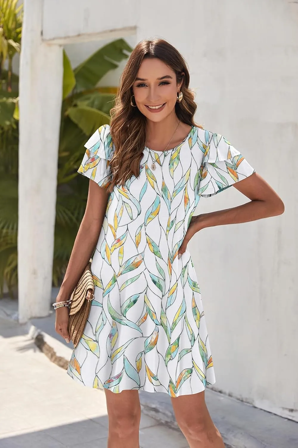 Hount Women's Summer Dresses 2025 Ruffle Sleeve Sundresses Casual Beach Mini Dresses with Pockets