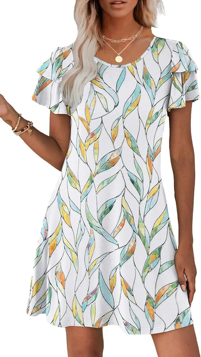 Hount Women's Summer Dresses 2025 Ruffle Sleeve Sundresses Casual Beach Mini Dresses with Pockets