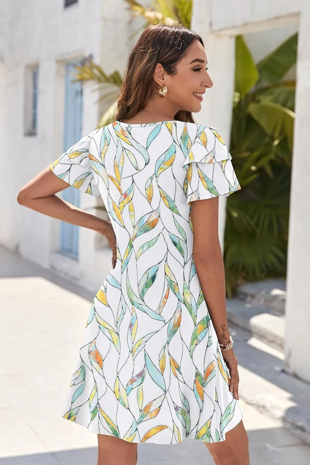 Hount Women's Summer Dresses 2025 Ruffle Sleeve Sundresses Casual Beach Mini Dresses with Pockets