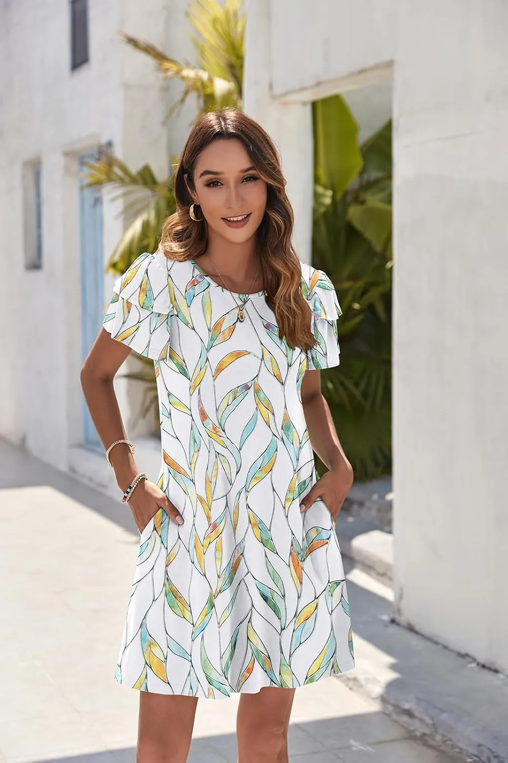 Hount Women's Summer Dresses 2025 Ruffle Sleeve Sundresses Casual Beach Mini Dresses with Pockets