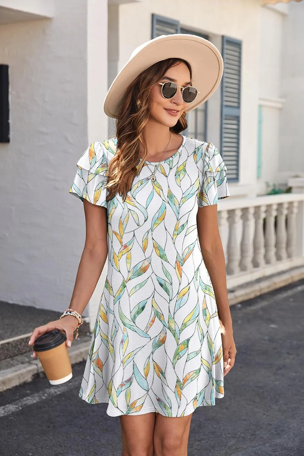 Hount Women's Summer Dresses 2025 Ruffle Sleeve Sundresses Casual Beach Mini Dresses with Pockets