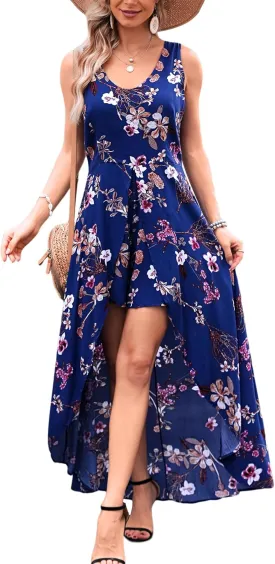 Kormei Womens Sleeveless Scoop Neck Floral Rayon Party Split Maxi Romper Dress