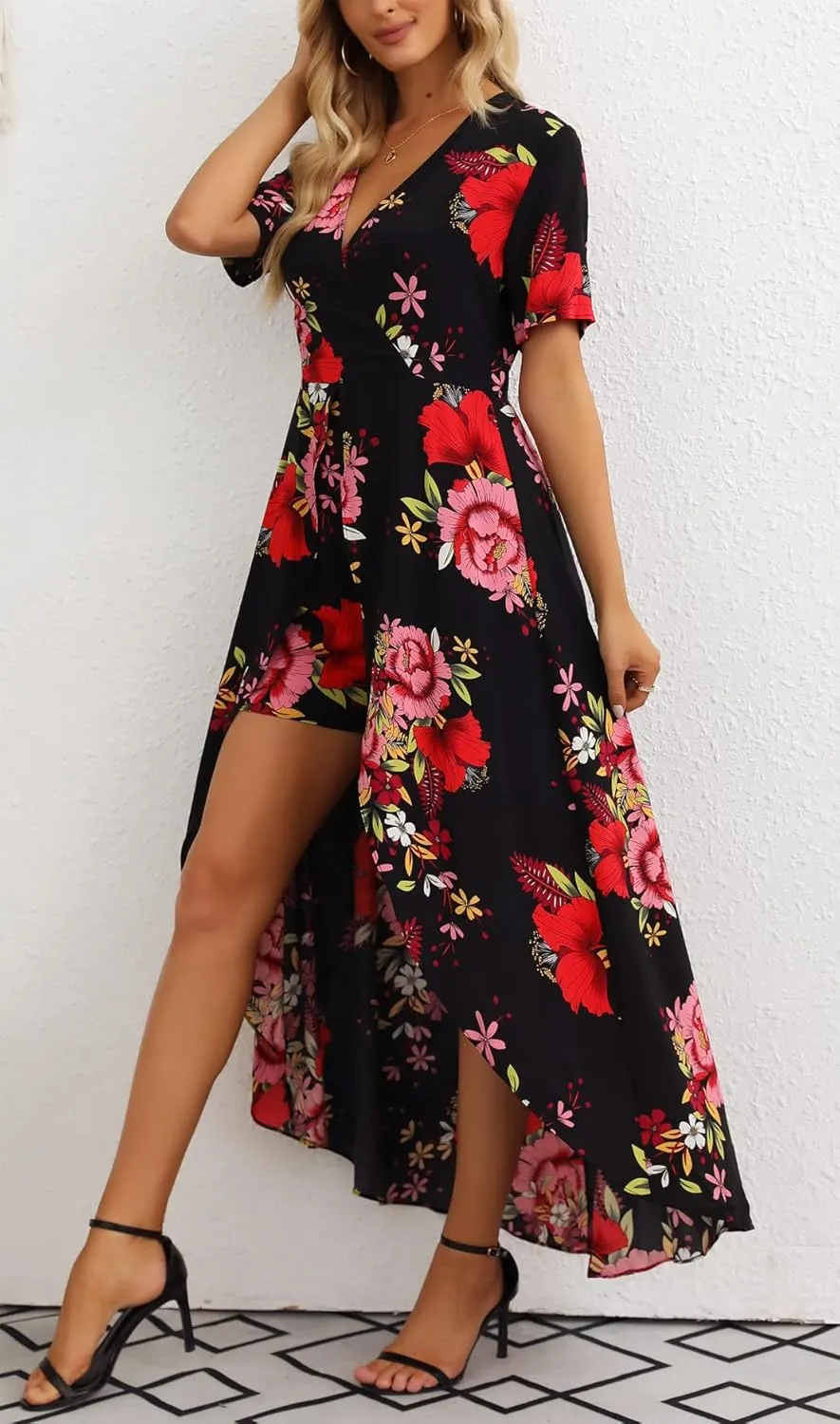 Kormei Womens Sleeveless Scoop Neck Floral Rayon Party Split Maxi Romper Dress