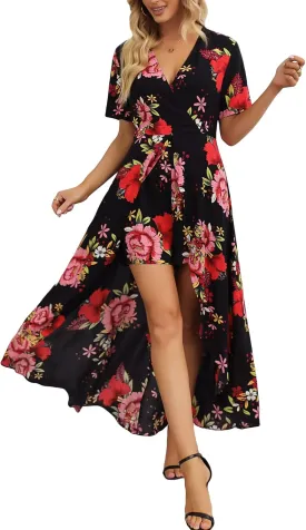 Kormei Womens Sleeveless Scoop Neck Floral Rayon Party Split Maxi Romper Dress