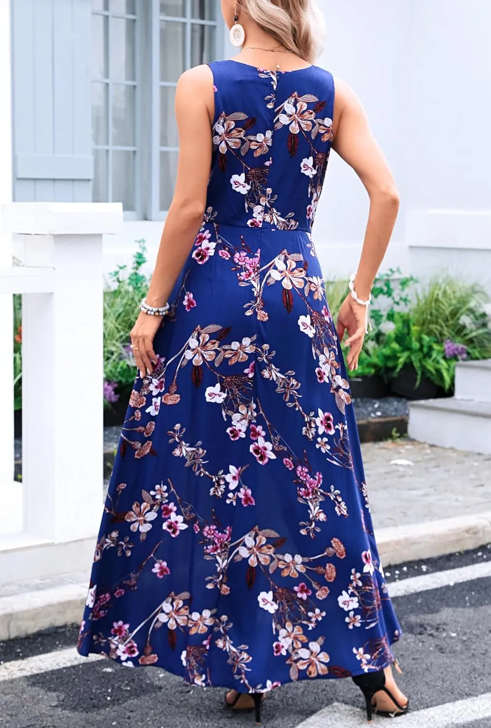 Kormei Womens Sleeveless Scoop Neck Floral Rayon Party Split Maxi Romper Dress