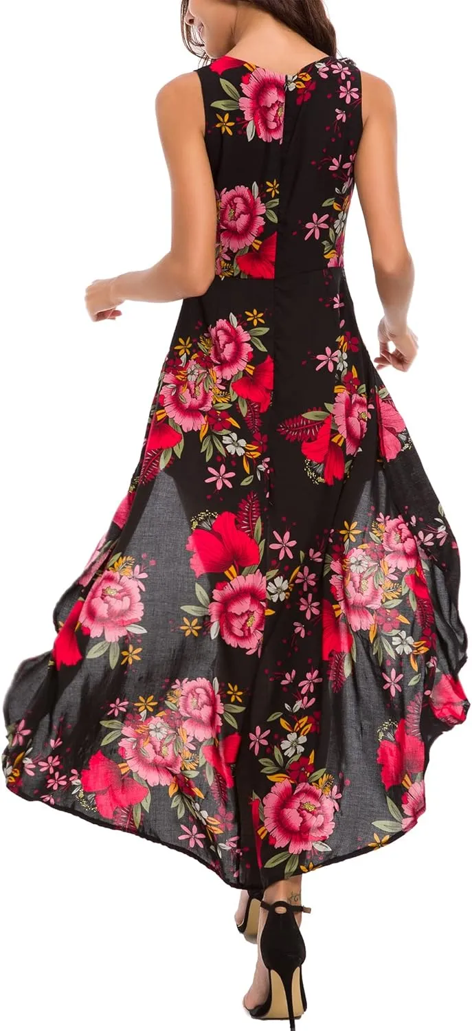Kormei Womens Sleeveless Scoop Neck Floral Rayon Party Split Maxi Romper Dress