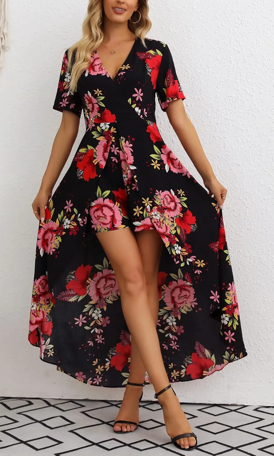 Kormei Womens Sleeveless Scoop Neck Floral Rayon Party Split Maxi Romper Dress