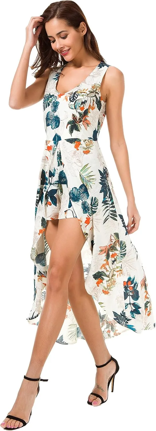 Kormei Womens Sleeveless Scoop Neck Floral Rayon Party Split Maxi Romper Dress