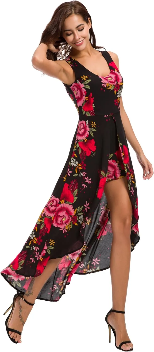Kormei Womens Sleeveless Scoop Neck Floral Rayon Party Split Maxi Romper Dress
