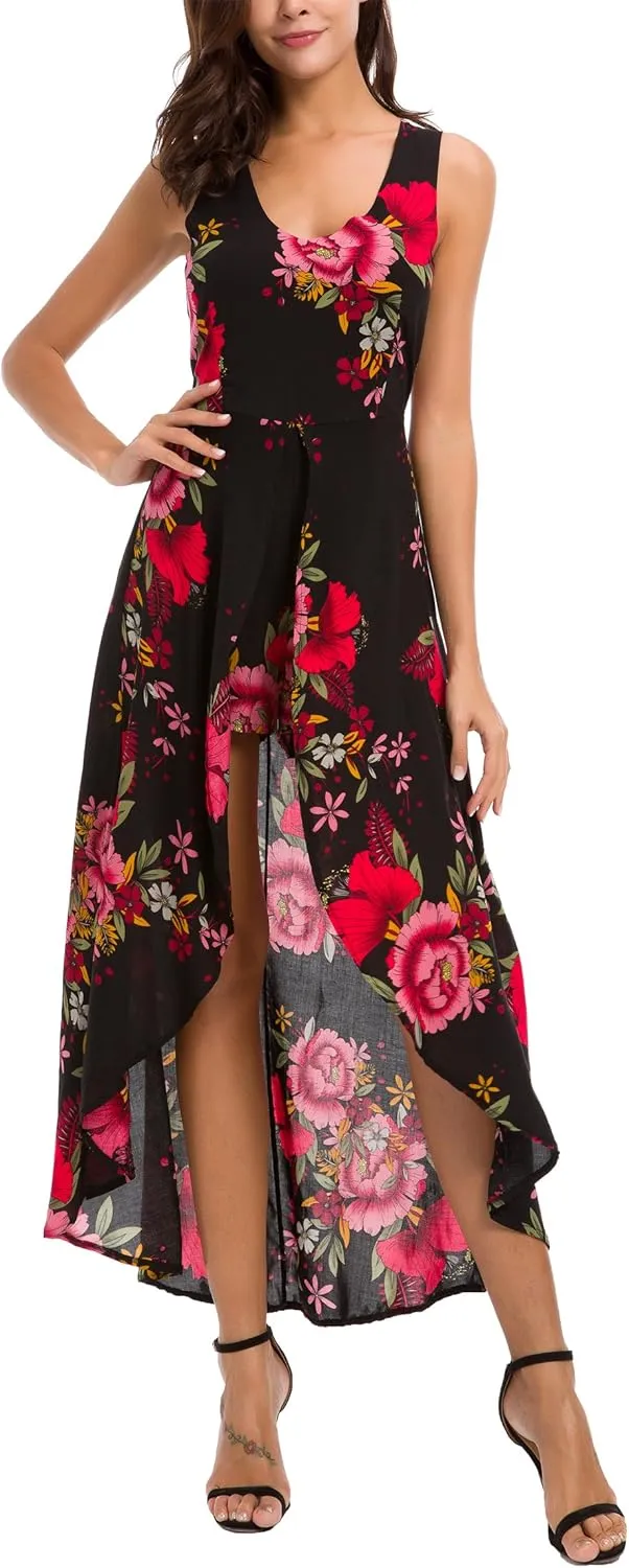 Kormei Womens Sleeveless Scoop Neck Floral Rayon Party Split Maxi Romper Dress