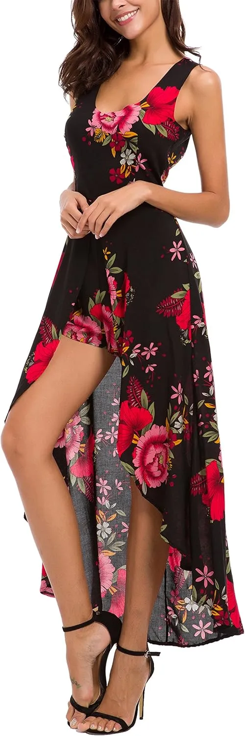 Kormei Womens Sleeveless Scoop Neck Floral Rayon Party Split Maxi Romper Dress