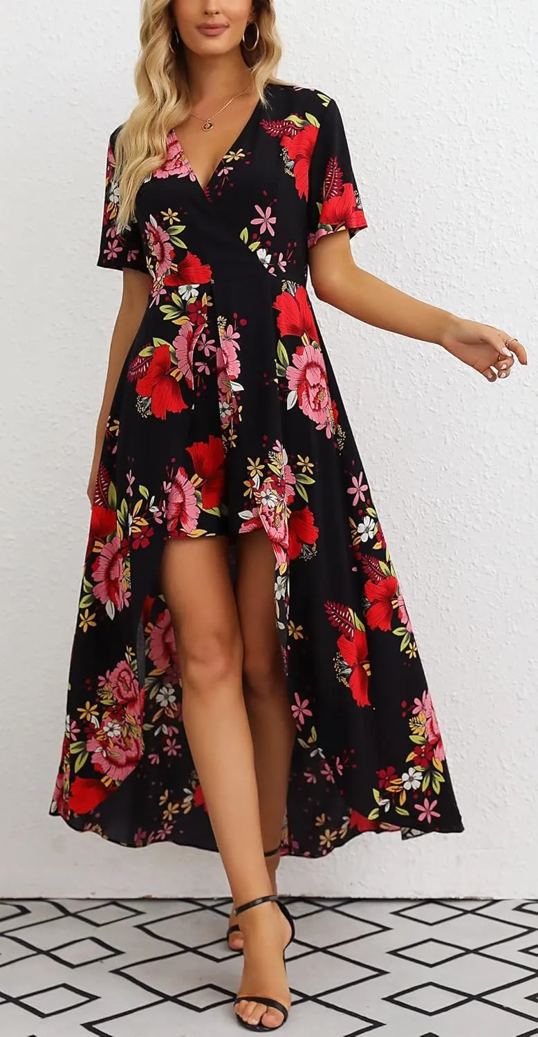 Kormei Womens Sleeveless Scoop Neck Floral Rayon Party Split Maxi Romper Dress