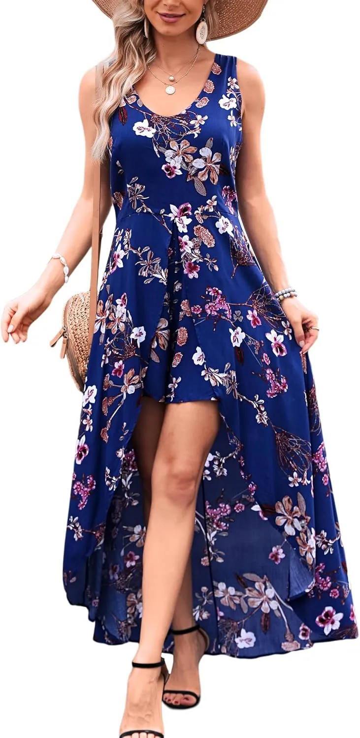 Kormei Womens Sleeveless Scoop Neck Floral Rayon Party Split Maxi Romper Dress